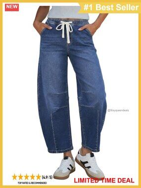High Rise Pull On Elastic Waist Crop Barrel Jeans Denim Pants